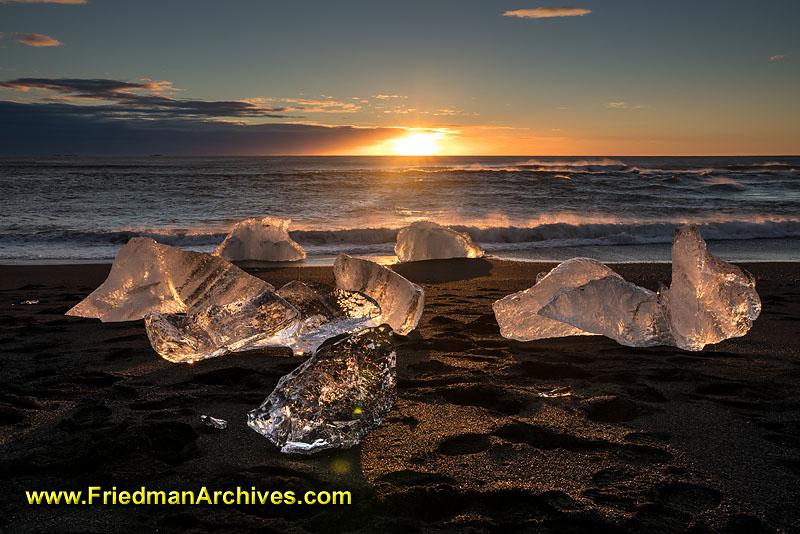 ice,iceberg,glacier,bay,iceland,beach,sunrise,sunset,ocean,water,black sand,